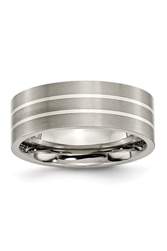 Titanium Sterling Silver Inlay 8mm Satin Band Ring - Size 8