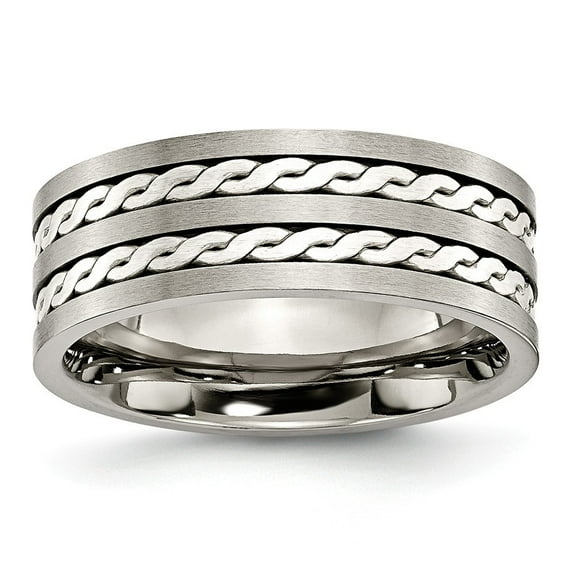 Titanium Sterling Silver Inlay 8mm Satin and Polished Band Ring - Size 14