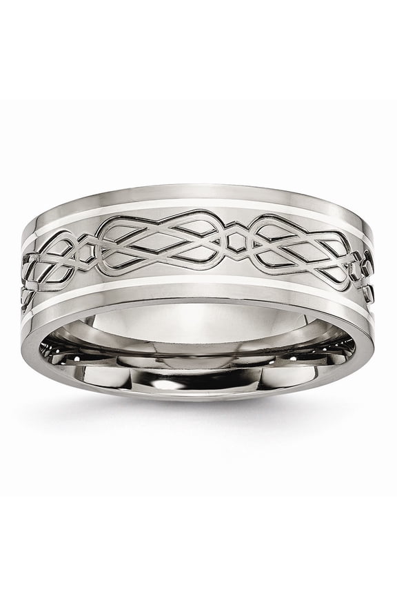Titanium Sterling Silver Inlay Celtic Knot Flat 8mm Polish Band - Size 8