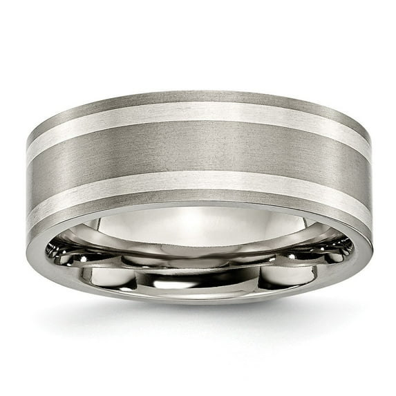 Titanium Sterling Silver Inlay Flat 8mm Satin Band - Size 7