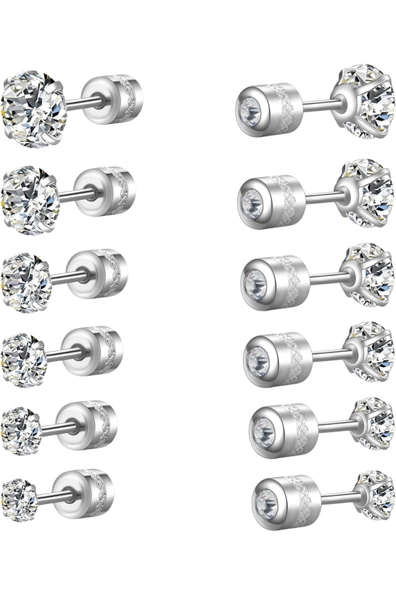 Titanium Surgical Steel Cubic Zirconia Screw Back Stud Earrings for Women Men Multipack Small Dainty Simulated Diamond CZ Studs Earring Set Hypoallergenic for Sensitive Ears Lobe Cartilage Helix