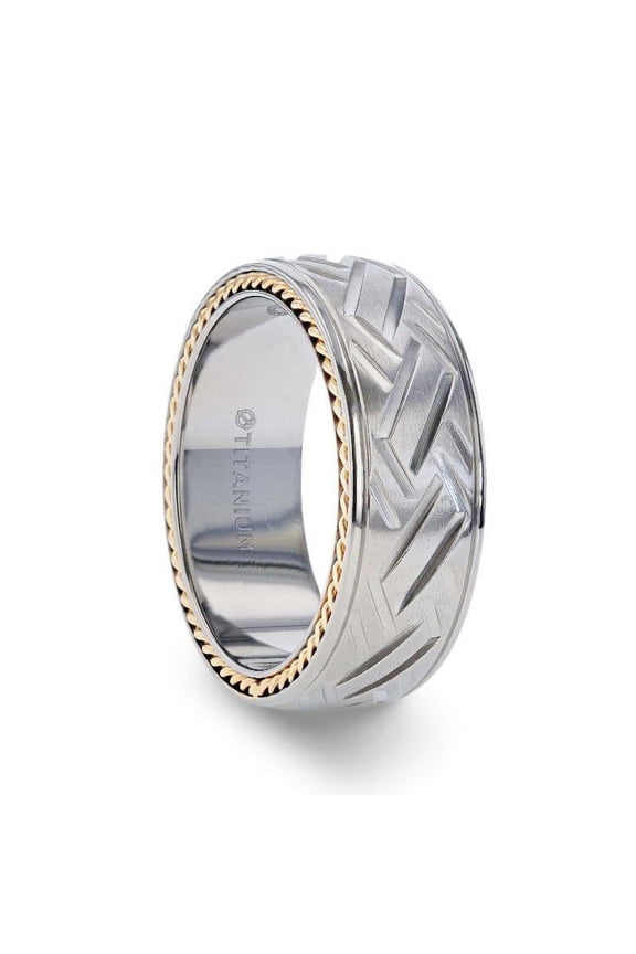 Titanium Wedding Band Ring – Woven Pattern Domed Design with Yellow Gold Braided Edges, Comfort Fit – 8mm