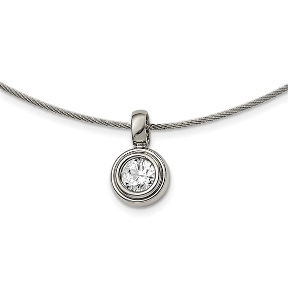Titanium Wire Necklace with Pendants Chain Chisel CZ Pendant Polished Stainless Steel 17 inch 12 mm