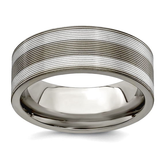 Titanium With 925 Sterling Silver Inlay Grooved 8.5mm Band Size 8 Ring for Women and Men - 7.4 Grams