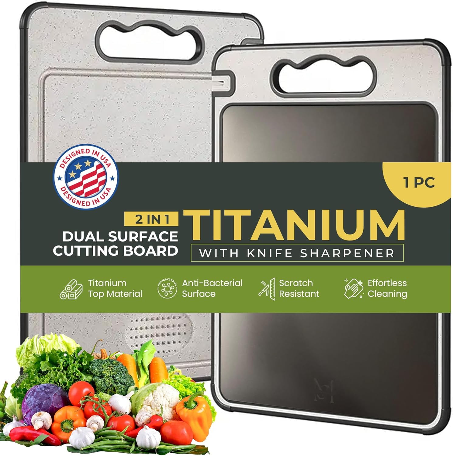 Titanium Cutting Board 14.3x9.7 | Double Sided Non-Slip | Built-In Knife Sharpener