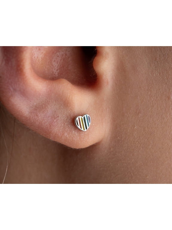 Titanium rainbow heart stud earrings in gold and silver, mini rainbow heart push in studs, flatback colorful stud earrings pride earrings,