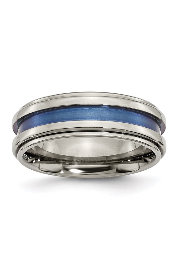 Titanium with Blue Triple Groove 8mm Engravable Polished Band