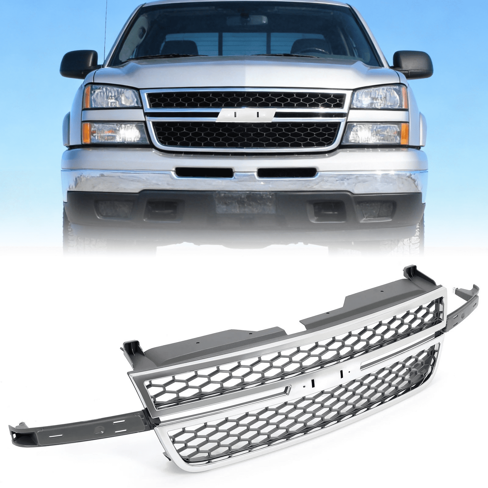 Titans Motors Front Grille for Chevrolet Silverado 1500 2500 3500 HD 2003–2007 Chrome Honeycomb Style Front Bumper Grille Replacement