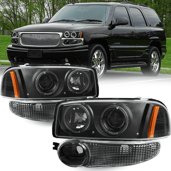 Titans Motors Headlights and Bumper Lamps Pair for 20002006 GMC Yukon Denali Halo Black Clear Lens Left and Right Assemblies