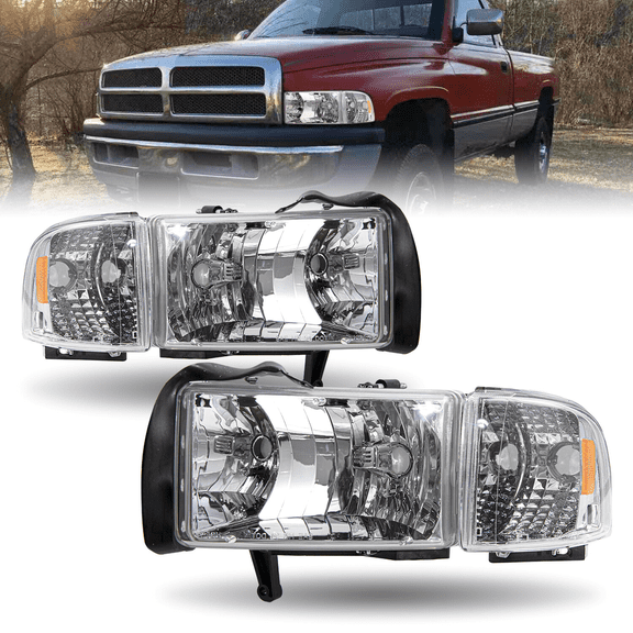 Titans Motors Headlights for 1994–2002 Dodge Ram 1500 2500 3500 Chrome Housing Headlamp Set Pair LH and RH