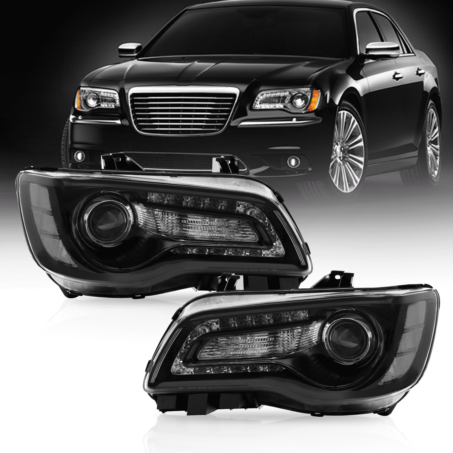 Titans Motors LED DRL Projector Headlights for 2011–2023 Chrysler 300 — Black Housing Headlamp Assembly with Bulbs, Left and Right Pair