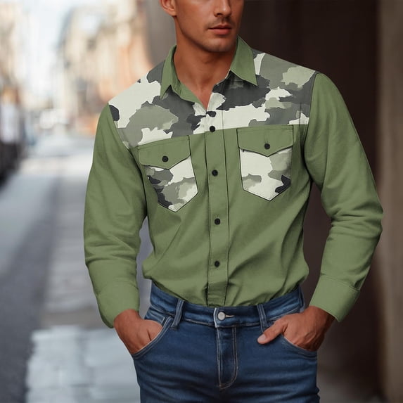 Titcea Button Down Shirt Men(S-5XL), Camouflage Print Lapel Neck Long Sleeve Shirts with Double Pockets, Outdoor Hiking/Fishing Shirts