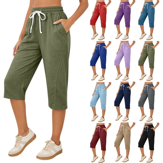 Titcea Capri Pants for Women Elastic High Waisted Loose Fit Drawstring Soft Workout Causal Lounge Pants Daily Lightweight Summer Capris with Side Pockets
