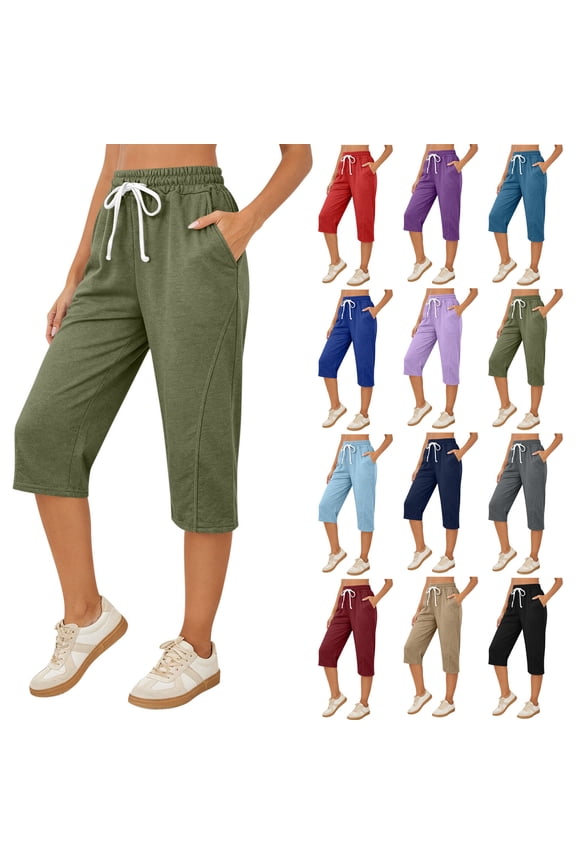 Capri Pants for Women Elastic High Waisted Loose Fit Drawstring Soft Workout Causal Lounge Pants Daily Lightweight Summer Capris with Side Pockets