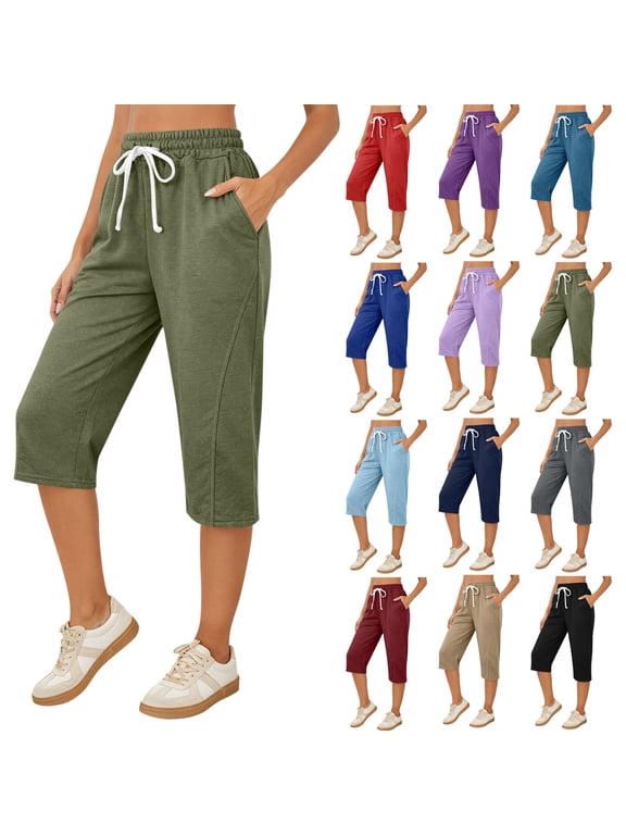 Capri Pants for Women Elastic High Waisted Loose Fit Drawstring Soft Workout Causal Lounge Pants Daily Lightweight Summer Capris with Side Pockets