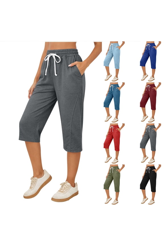 Capri Pants for Women Elastic High Waisted Loose Fit Drawstring Soft Workout Causal Lounge Pants Daily Lightweight Summer Capris with Side Pockets