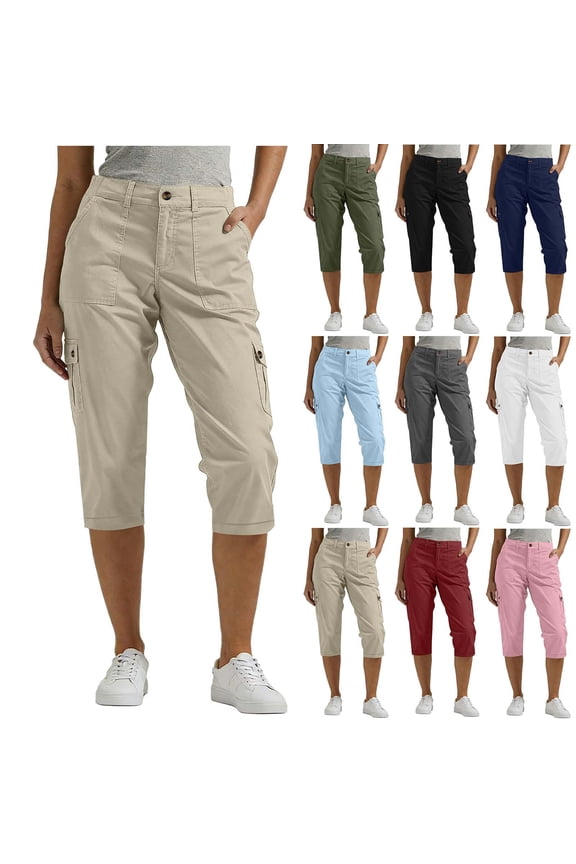 Cargo Capri Pants for Women Mid-Rise Loose Fitted Elastic Waist Zipper Button Closure Cargo Capris with Pockets Fashion Casual Hiking Pants Khaki