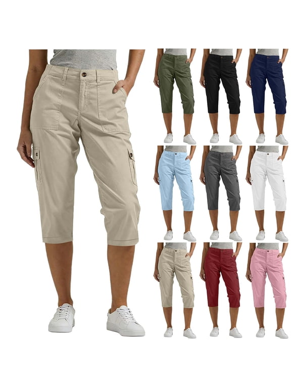 Cargo Capri Pants for Women Mid-Rise Loose Fitted Elastic Waist Zipper Button Closure Cargo Capris with Pockets Fashion Casual Hiking Pants Khaki