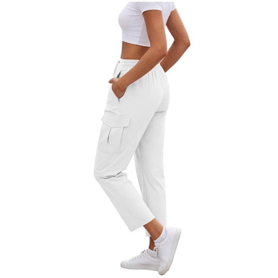 Hvogkswy Cargo Pants Women High Waisted Drawstring Solid Color Casual Straight-Leg Pants with Multi Pockets Lightweight Comfy Summer Cargo Pants