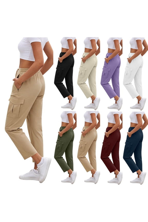 Cargo Pants Women High Waisted Drawstring Solid Color Casual Straight-Leg Pants with Multi Pockets Lightweight Comfy Summer Cargo Pants