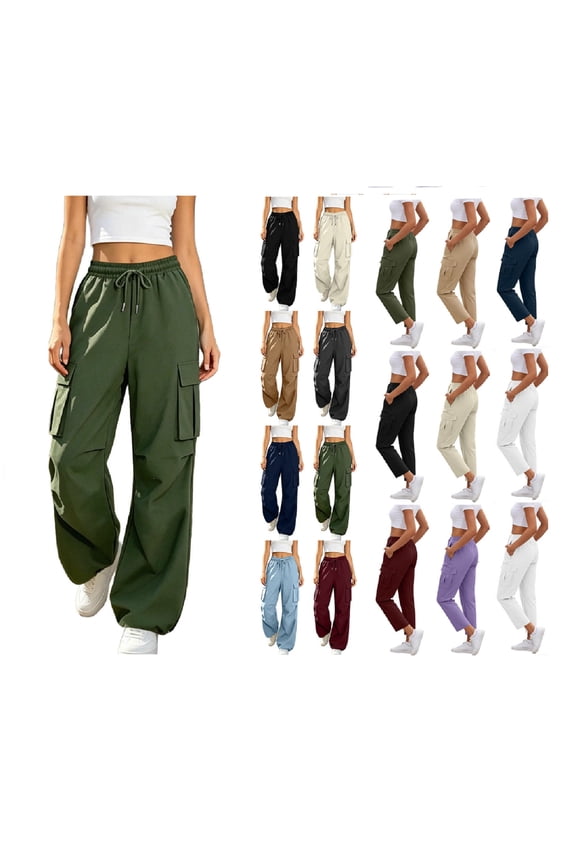 Cargo Pants Women High Waisted Drawstring Solid Color Casual Straight-Leg Pants with Multi Pockets Lightweight Comfy Summer Cargo Pants
