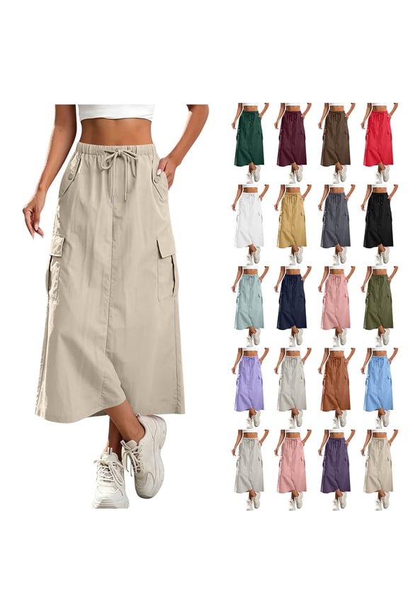 Cargo Skirts for Women Elastic High Waisted Drawstring Loose Side Slit Solid Color Maxi Skirt with Pockets Trendy Casual Cozy Streetwear Long Utility Skirt