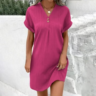 Titcea Casual Dresses for Women Knee Length Solid Color Button Down V Neck Short Sleeve Midi Dresses with Pockets on Clearance