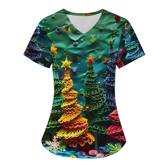 Titcea Christmas Scrub Tops Women Santa Claus Snowman Printed Short Sleeved V Neck Nursing Uniforms with Pockets Loose Comfort Scrub Tops