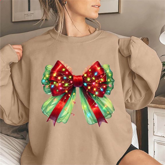 Titcea Christmas Sweatshirts for Women Long Sleeve Crew Neck Cute Christmas Knot Print Shirts Loose Comfort Casual Tops, Gifts for Her