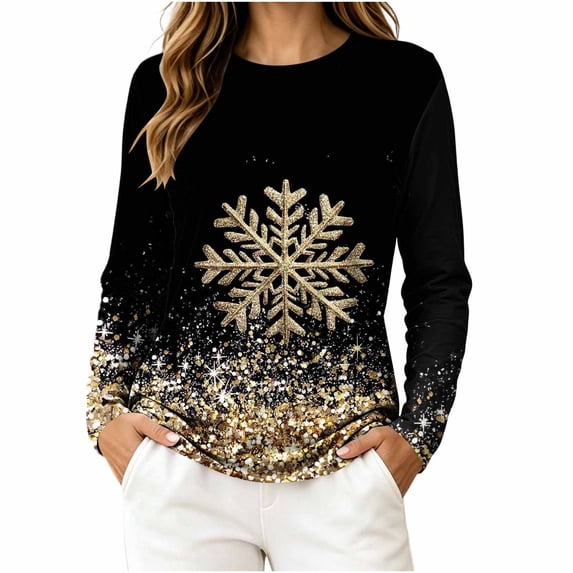 Titcea Christmas Tops for Women Long Sleeve Crewneck Fashion Xmas Print Cute Pullover Loose Comfy Lightweight Casual Tops