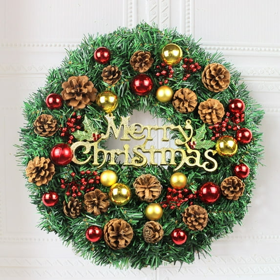 Titcea Christmas Wreaths, 12 Inch Plastic Christmas Wreaths with Pinecone&Xmas Balls, Merry Christmas Sign, Hanging Winter Decorative Outdoor Indoor