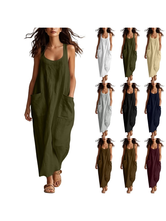 Cotton Maxi Dresses for Women Solid Sleeveless Crew Neck Dress Boho Loose FLowy Side Pockets Casual Summer Vacation Long Dress