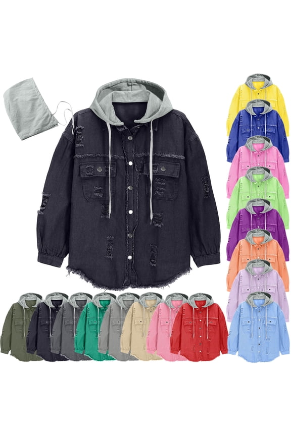 Denim Jacket for Women Oversized Button Down Ripped Frayed Hem Detachable Hoodie Jean Jacket Fashion Casual Distressed Vintage Jackets Black