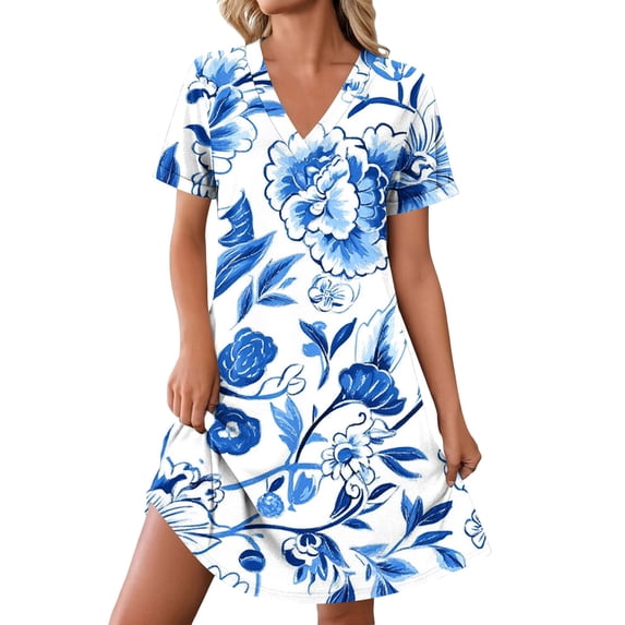 Titcea Dresses for Women 2026 Floral Print V Neck Short Sleeve Midi Dress Summer Fashion Flowy Beach Vacation Dress, S-2XL