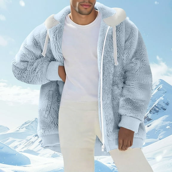 Titcea Fleece Jacket Men Plus Size Long Sleeve Hooded Jacket with Pockets Warm Plush Outdoor Winter Coat for Men, S-3XL