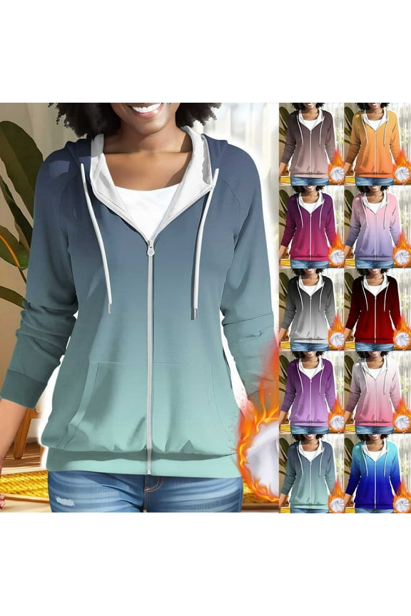 Fleece Pullover Women, Gradient Print Drawstring Zip Up Hoodie with Pockets, Warm Comfy Soft Sweatshirts Jacket