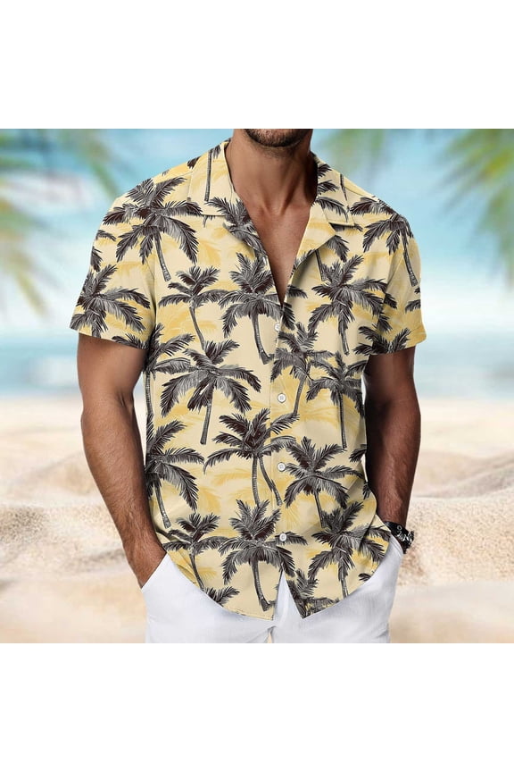 Hawaiian Shirts Men Short Sleeve Lapel Stylish Palm Tree Print Shirt Loose Comfort Summer Beach Vacation Tops, M-3XL