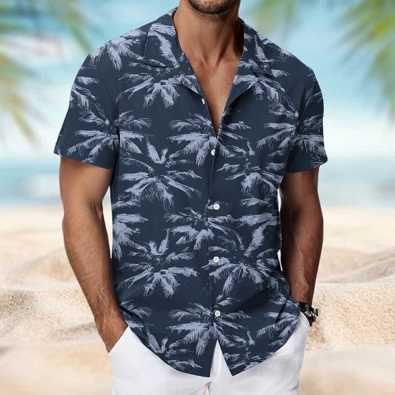 Titcea Hawaiian Shirts Men Short Sleeve Lapel Stylish Palm Tree Print Shirt Loose Comfort Summer Beach Vacation Tops, M-3XL