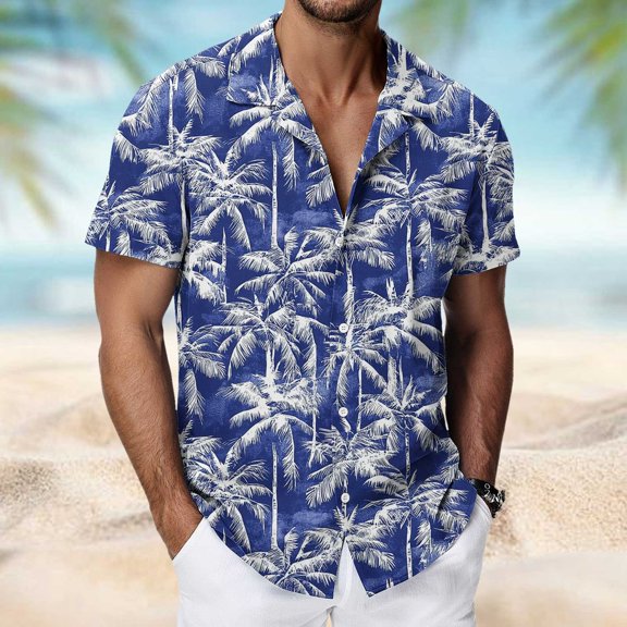 Titcea Hawaiian Shirts Men Short Sleeve Lapel Stylish Palm Tree Print Shirt Loose Comfort Summer Beach Vacation Tops, M-3XL