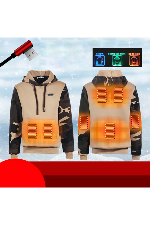 Heated Hoodie for Men, 7 Heating Zones Three Control, USB Rechargeable Camouflage Print Heated Jacket with Hood Drawstring Warming Heating Coat