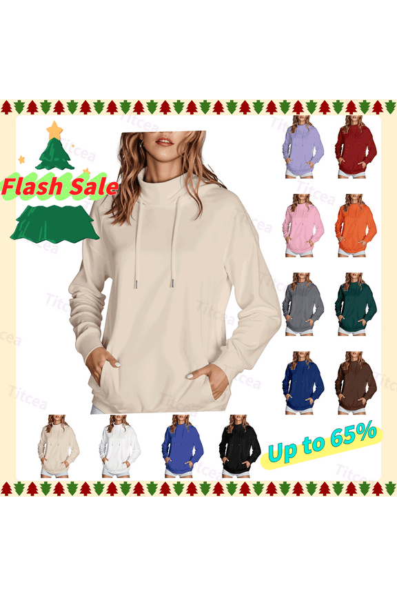 Hoodies for Women, Stand Collar Solid Color Drawstring Sweatshirt with Front Pocket, Warm Comfy Loose Casual Sweaters Hoodie(S-2XL)