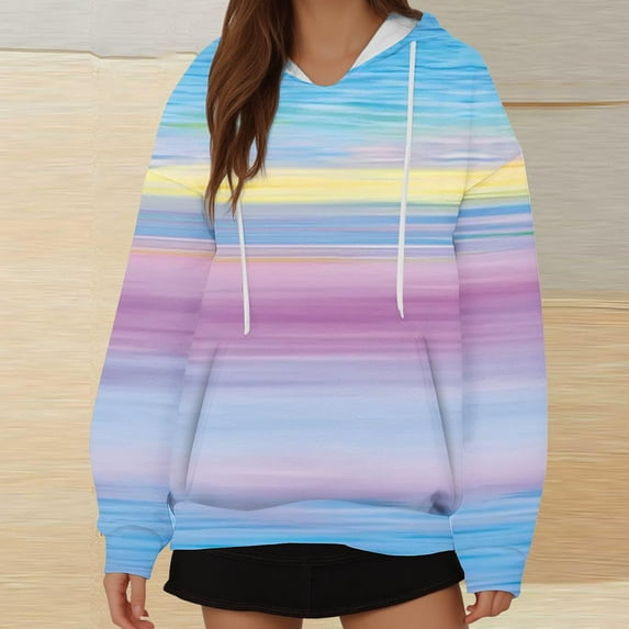 Titcea Hoodies for Women Striped Printed Oversized Drawstring Long Sleeve Hoodie with Pockets Loose Casual Pullover Sweatshirt