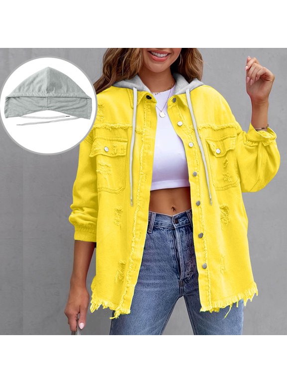 Jean Jacket Women Long Sleeve Ripped Button Up Denim Hooded Jacket with Pockets Trendy Vintage Jean Shacket Shirts, Available in 16 Colors