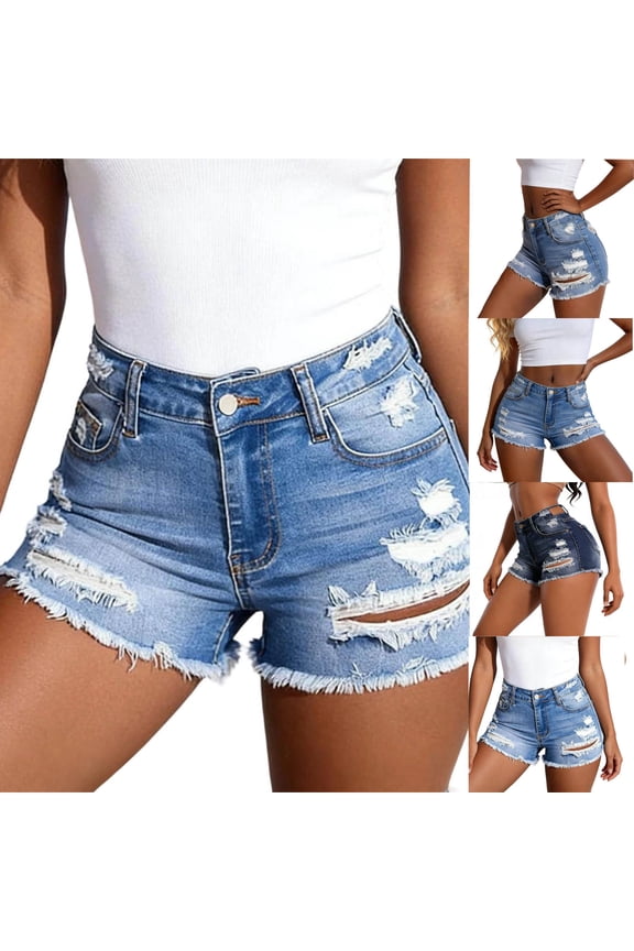 Jean Shorts Womens High Waisted Stretchy Distressed Ripped Denim Shorts with Pockets Summer Trendy Casual Cozy Cut Off Shorts