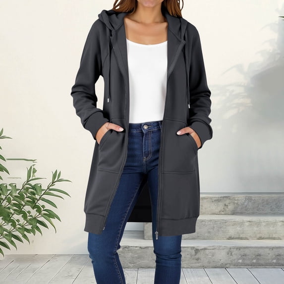 Titcea Lightweight Jacket Women, Full Zipper Drawstring Long Hoodies with Pockets Solid Color Casual Hooded Sweatshirt Winter Coat(S-2XL)