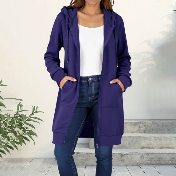 Titcea Lightweight Jacket Women, Full Zipper Drawstring Long Hoodies with Pockets Solid Color Casual Hooded Sweatshirt Winter Coat(S-2XL)