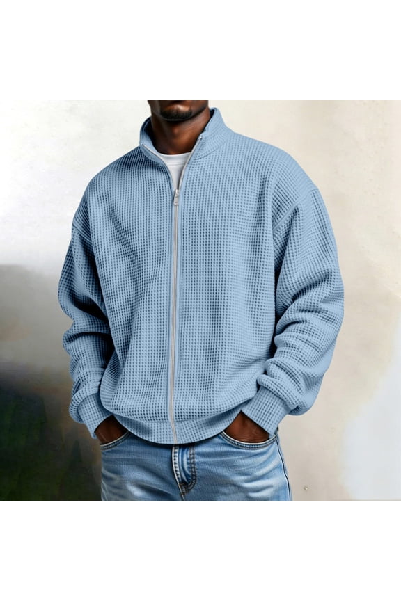 Lightweight Jackets for Men Solid Loose Waffle-Knit Zip Up Collared Jacket Fall Casual Comfy Travel Hiking Sports Jacket
