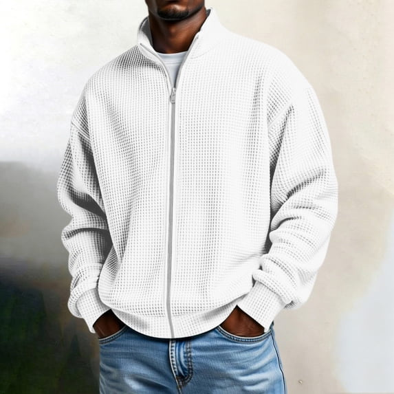Hvogkswy Lightweight Jackets for Men Solid Loose Waffle-Knit Zip Up Collared Jacket Fall Casual Comfy Travel Hiking Sports Jacket
