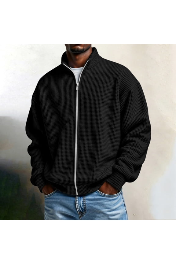 Lightweight Jackets for Men Solid Loose Waffle-Knit Zip Up Collared Jacket Fall Casual Comfy Travel Hiking Sports Jacket