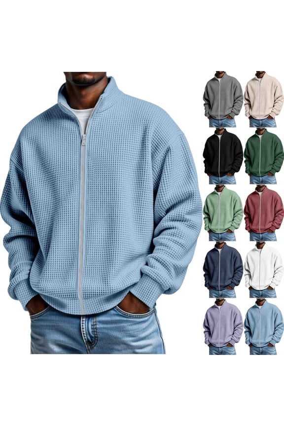 Lightweight Jackets for Men Solid Loose Waffle-Knit Zip Up Collared Jacket Fall Casual Comfy Travel Hiking Sports Jacket